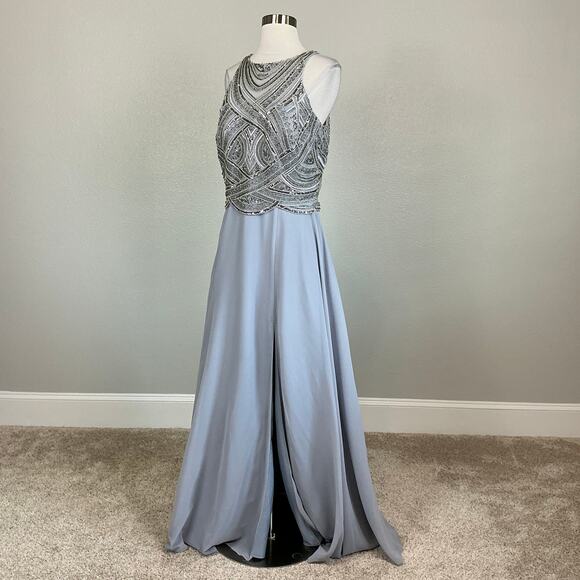Betsy & Adam Beaded Chiffon Evening Gown Gray Size 8 Cut Out Thigh Slit Formal - Picture 5 of 13